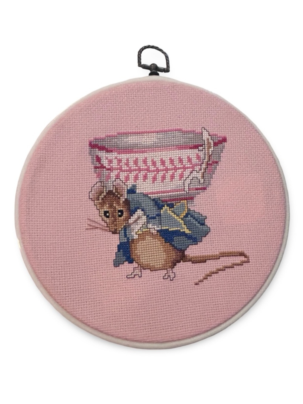 Embroidered Mouse Art on Pink Fabric mounted in Embroidery Hoop